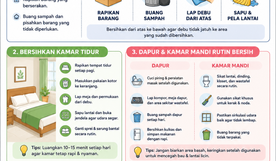 Ikuti tutorial membersihkan rumah agar selalu rapi, wangi, dan nyaman setiap hari dengan langkah praktis yang mudah diterapkan.