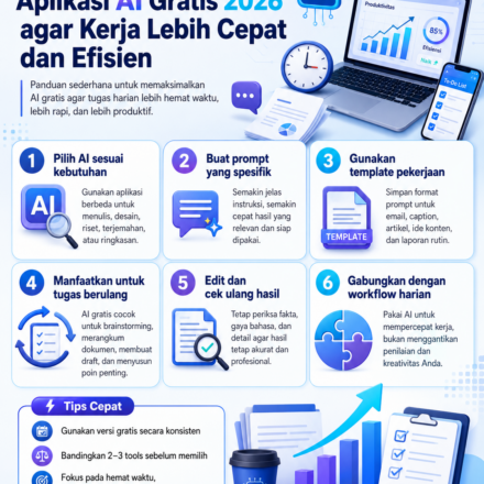 Trik menggunakan aplikasi AI gratis 2026 agar kerja lebih cepat, efisien, dan produktif untuk tugas harian, konten, belajar, serta bisnis.