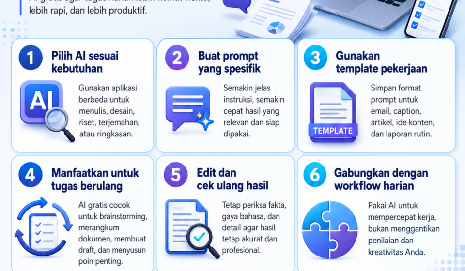 Trik menggunakan aplikasi AI gratis 2026 agar kerja lebih cepat, efisien, dan produktif untuk tugas harian, konten, belajar, serta bisnis.