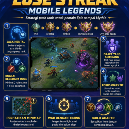 Tips anti lose streak Mobile Legends untuk pemain Epic sampai Mythic. Pelajari strategi push rank, draft hero, dan gameplay agar menang lebih stabil.