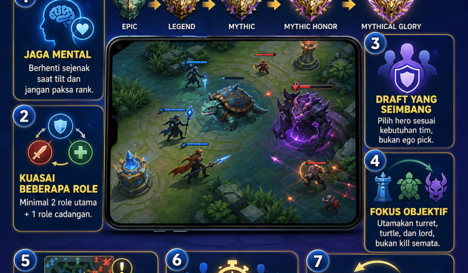 Tips anti lose streak Mobile Legends untuk pemain Epic sampai Mythic. Pelajari strategi push rank, draft hero, dan gameplay agar menang lebih stabil.