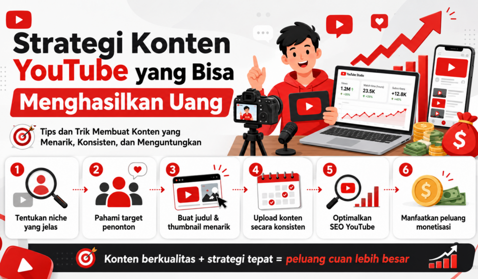 Pelajari strategi membuat konten YouTube yang berpotensi menghasilkan uang dengan ide menarik, konsisten, dan sesuai target penonton.