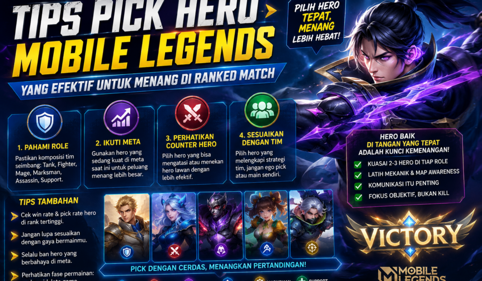 Tips pick hero Mobile Legends yang efektif untuk menang di Ranked Match, mulai dari role, meta, counter hero, hingga komposisi tim agar push rank lebih stabil.